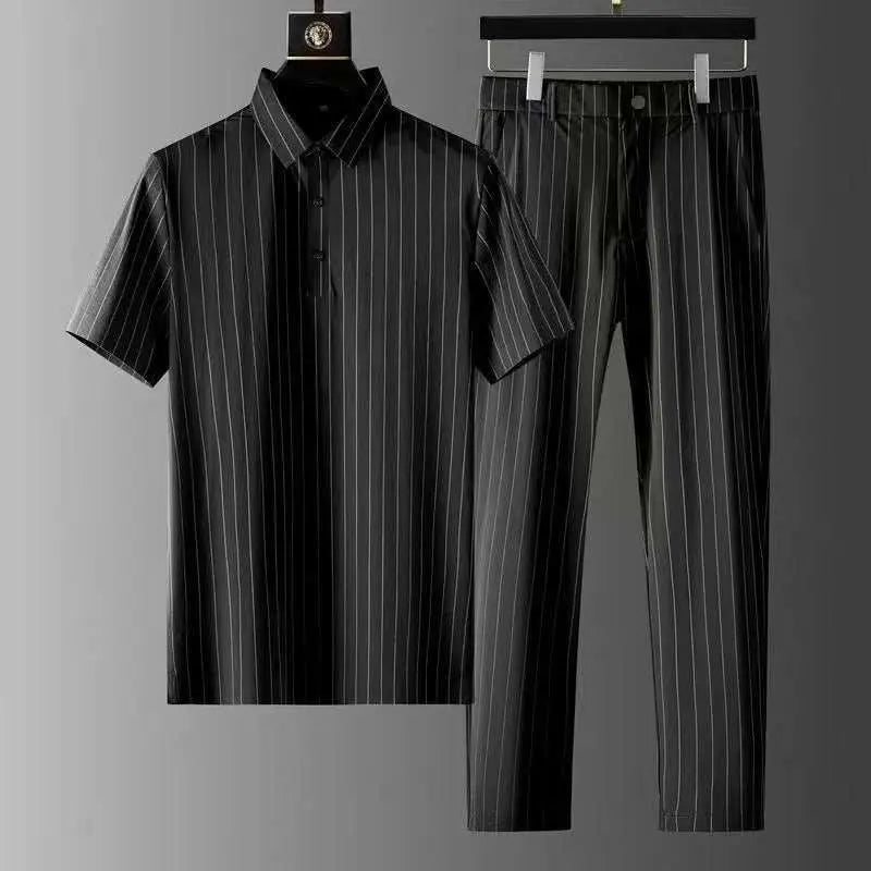 Men's Ice Silk Stripes Casual Short Sleeve Trousers SuitProduct information:Pant length: Long pantsTop sleeve length: Short sleevedFabric name: Chemical fiber blendMain fabric composition: viscose fiberContent of main fabDropshipmanAMIR BAGS INDIA PRIVATE LIMITEDnull