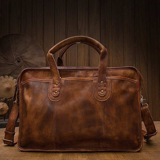 Men's Vintage First Layer Leather Travel Briefcase - AMIR BAGS INDIA PRIVATE LIMITED