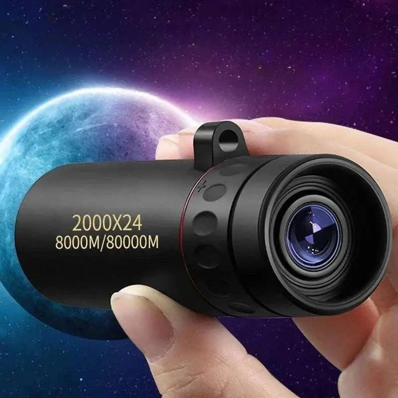 Compact 2000x25 HD monocular telescope handheld for camping, hunting, and birdwatching with mobile phone holder.