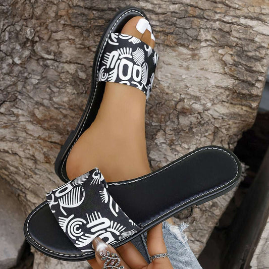 New Fashion Graffiti Print Sandals For Women Summer Round Toe Low Heel Flat Slippers For Women Slides Casual Beach Shoes - AMIR BAGS INDIA PRIVATE LIMITED
