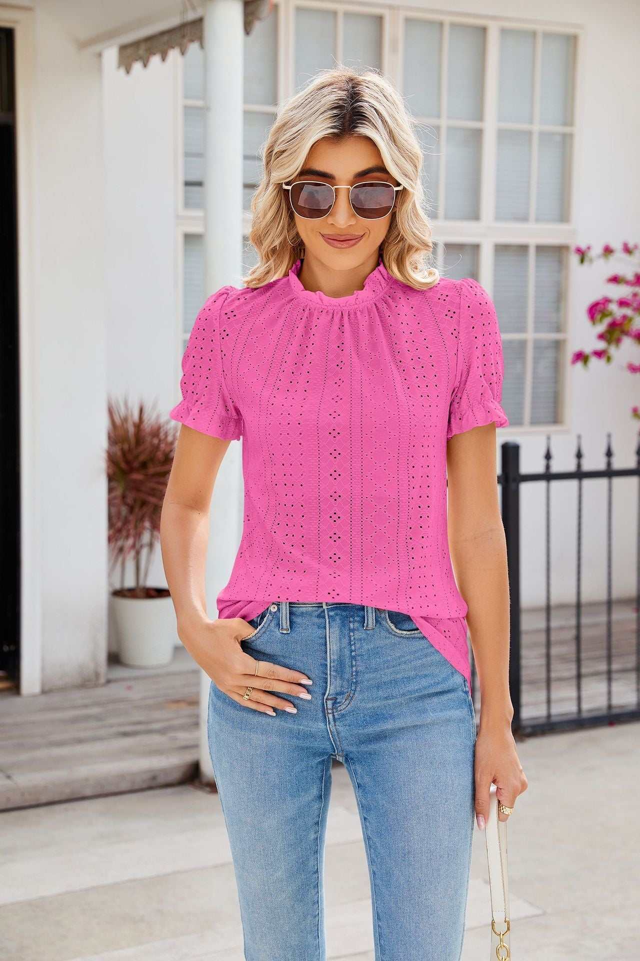 New Fashion Lacework Round Neck Top Summer Puff Sleeves Hollow Design Loose Pleated T-shirt For Womens Clothing - AMIR BAGS INDIA PRIVATE LIMITED