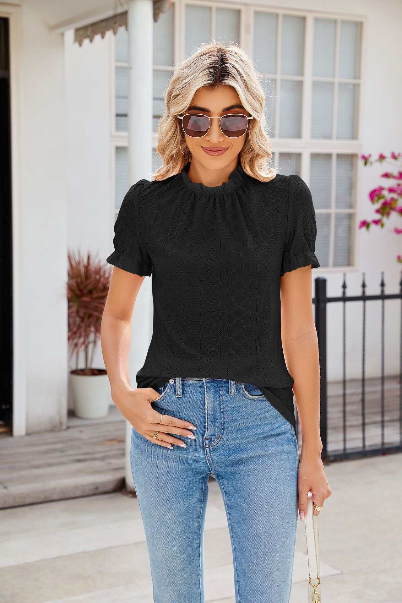 New Fashion Lacework Round Neck Top Summer Puff Sleeves Hollow Design Loose Pleated T-shirt For Womens Clothing - AMIR BAGS INDIA PRIVATE LIMITED