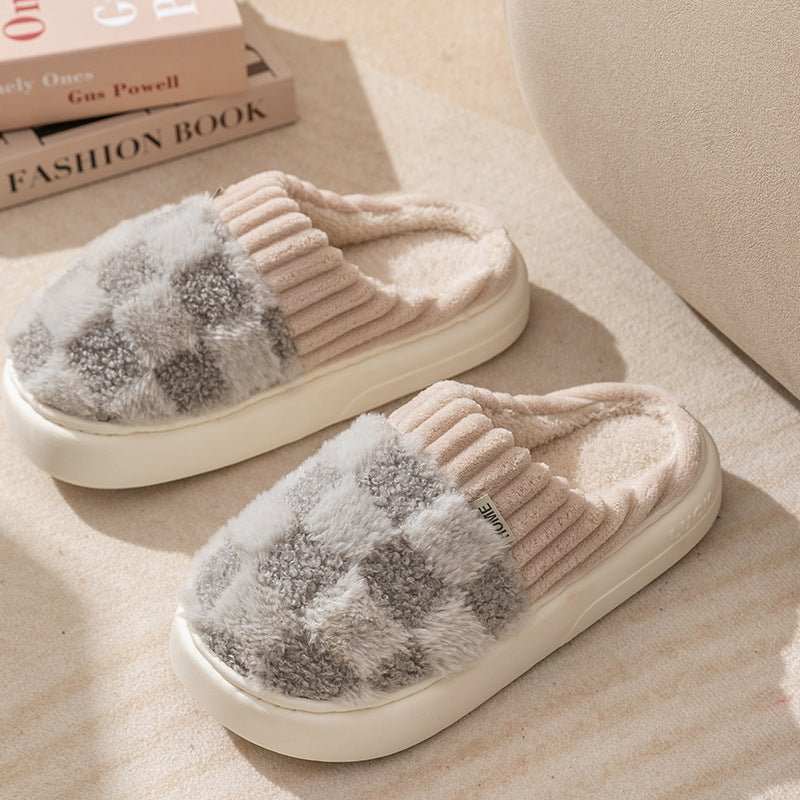Plaid Plush Slippers Women's Indoor Plush Home Slippers Soft Sole Thick Non - Slip Warm House Shoes Couple Autumn And Winter - AMIR BAGS INDIA PRIVATE LIMITED