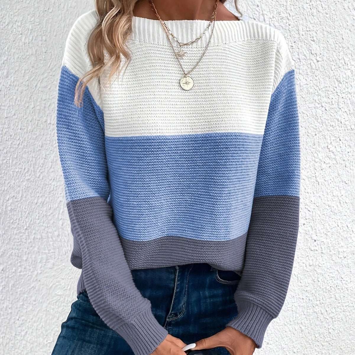 Pullover Knitted Sweater Fashion Round Neck Splicing Knitwear Loose Top Women's Clothing - AMIR BAGS INDIA PRIVATE LIMITED