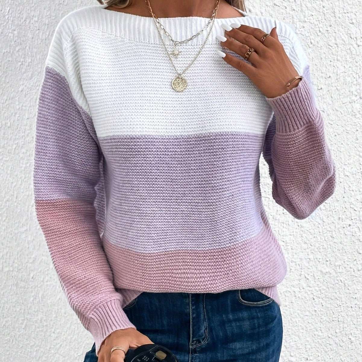 Pullover Knitted Sweater Fashion Round Neck Splicing Knitwear Loose Top Women's Clothing - AMIR BAGS INDIA PRIVATE LIMITED