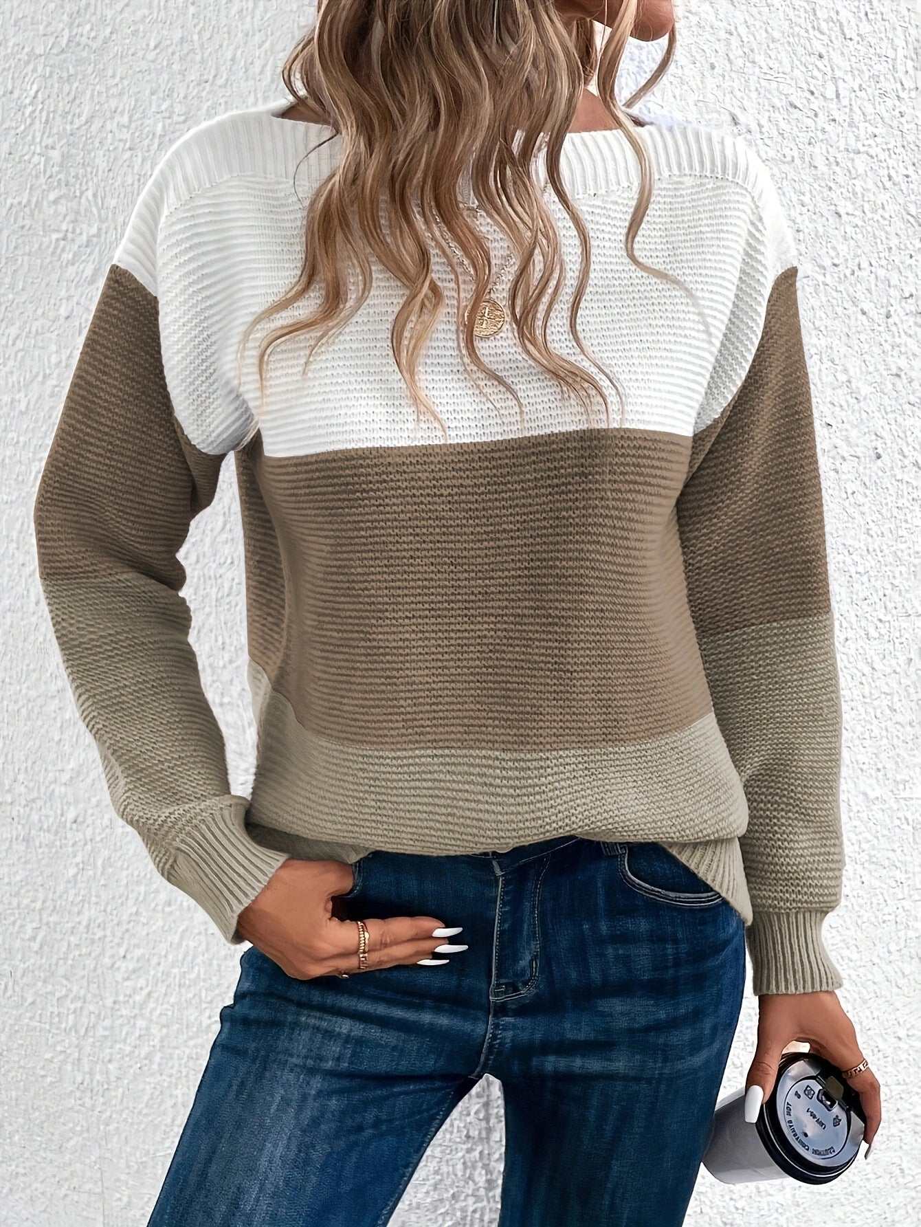 Pullover Knitted Sweater Fashion Round Neck Splicing Knitwear Loose Top Women's Clothing - AMIR BAGS INDIA PRIVATE LIMITED