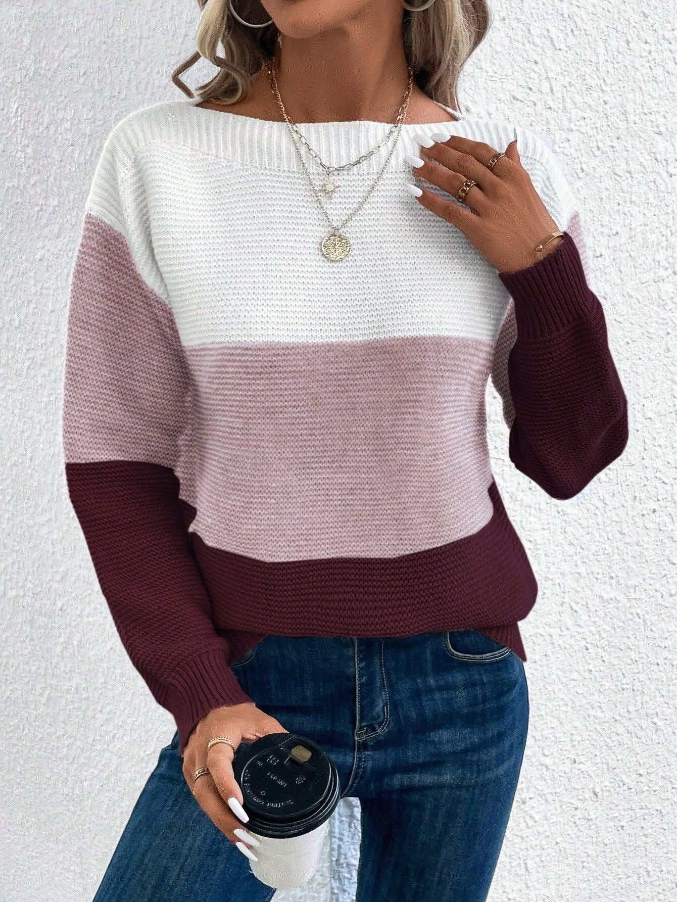 Pullover Knitted Sweater Fashion Round Neck Splicing Knitwear Loose Top Women's Clothing - AMIR BAGS INDIA PRIVATE LIMITED