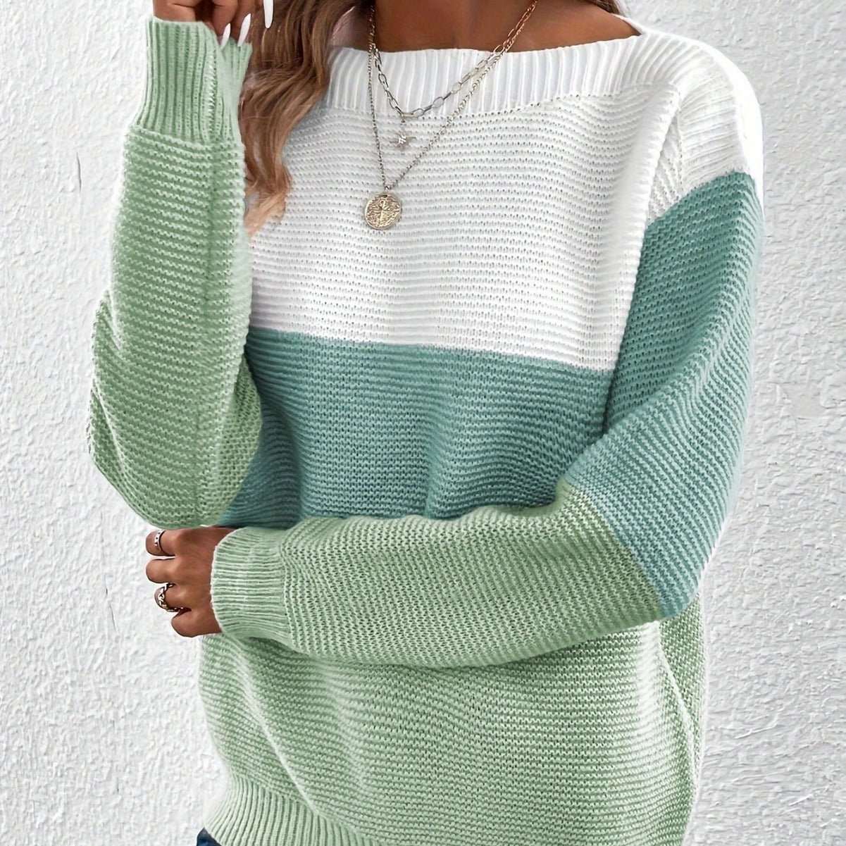 Pullover Knitted Sweater Fashion Round Neck Splicing Knitwear Loose Top Women's Clothing - AMIR BAGS INDIA PRIVATE LIMITED
