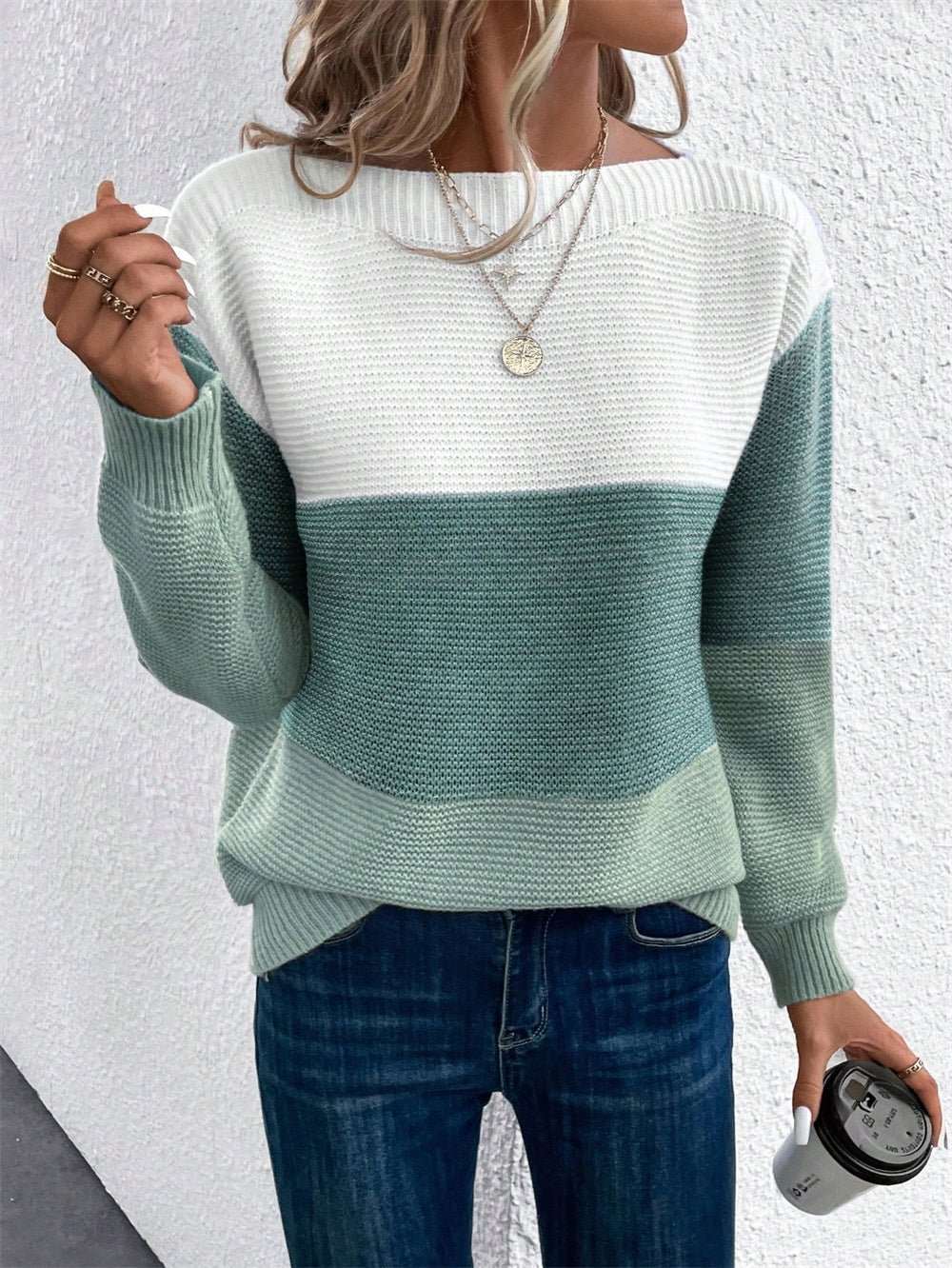 Pullover Knitted Sweater Fashion Round Neck Splicing Knitwear Loose Top Women's Clothing - AMIR BAGS INDIA PRIVATE LIMITED