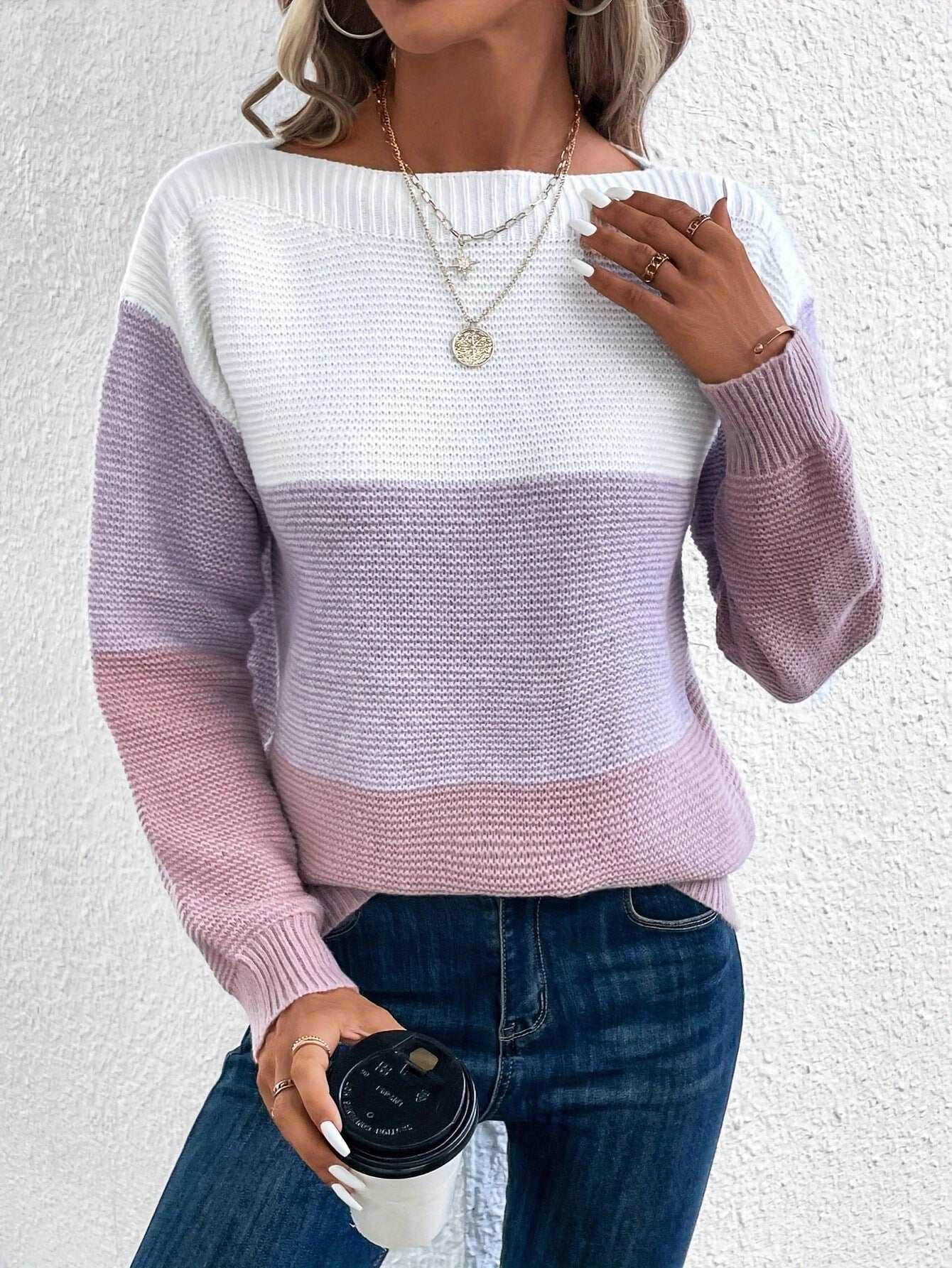 Pullover Knitted Sweater Fashion Round Neck Splicing Knitwear Loose Top Women's Clothing - AMIR BAGS INDIA PRIVATE LIMITED