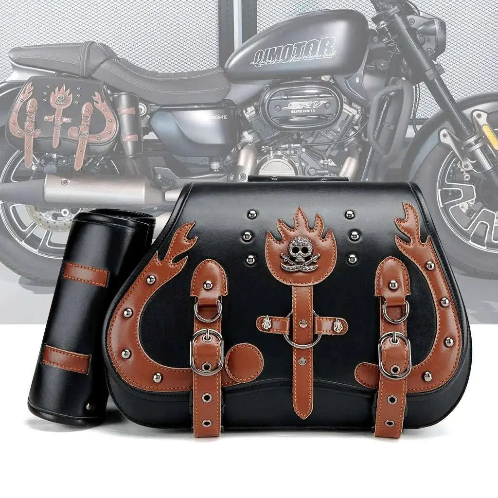 Retro Motorcycles Front Hang Bag High Quality PU Leather Cruising Equipment Punk Style Large Capacity Moto Luggage Saddle Bags - AMIR BAGS INDIA PRIVATE LIMITED