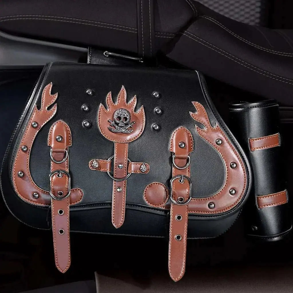 Retro Motorcycles Front Hang Bag High Quality PU Leather Cruising Equipment Punk Style Large Capacity Moto Luggage Saddle Bags - AMIR BAGS INDIA PRIVATE LIMITED