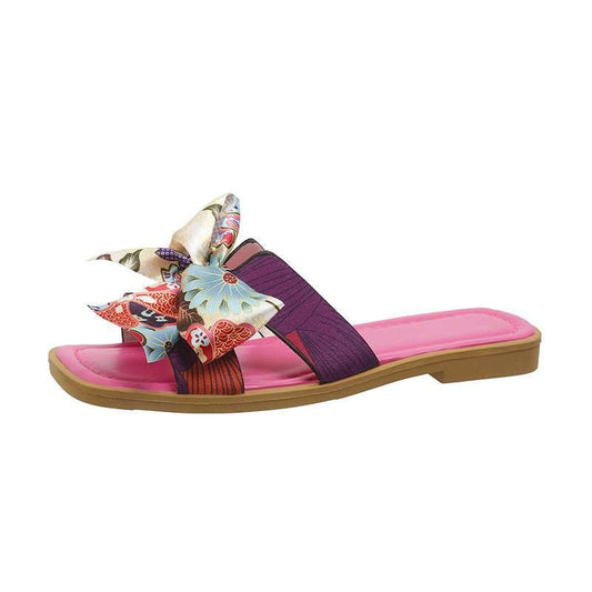 Ribbon Bow Sandals Summer New Square Toe Low Heel Sandal For Women Slides Fashion Casual Beach Shoes - AMIR BAGS INDIA PRIVATE LIMITED