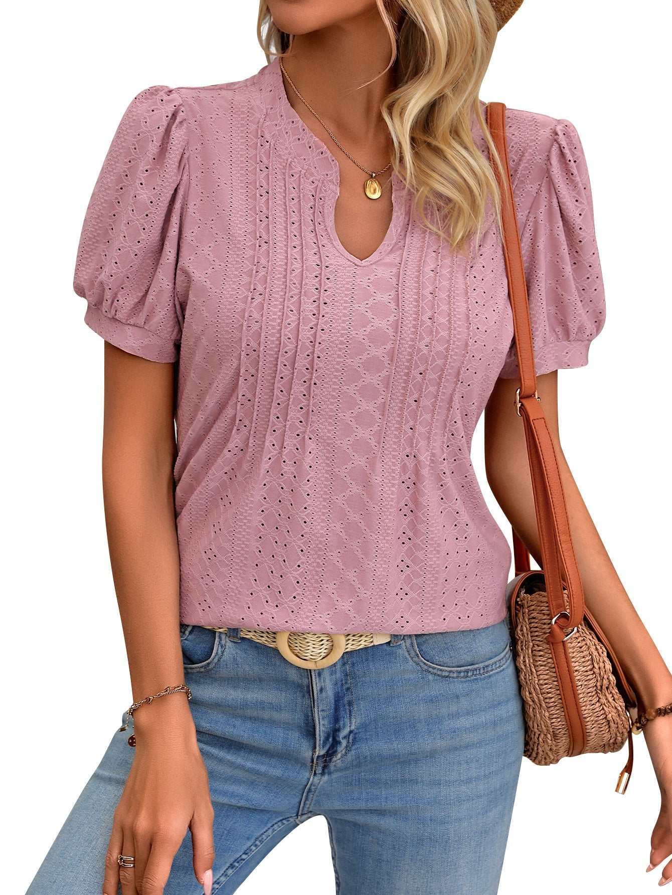 Solid Color V - neck Puff Short - sleeved T-shirt Fashion Summer Striped Hollow Design Loose T-shirt For Womens Clothing - AMIR BAGS INDIA PRIVATE LIMITED