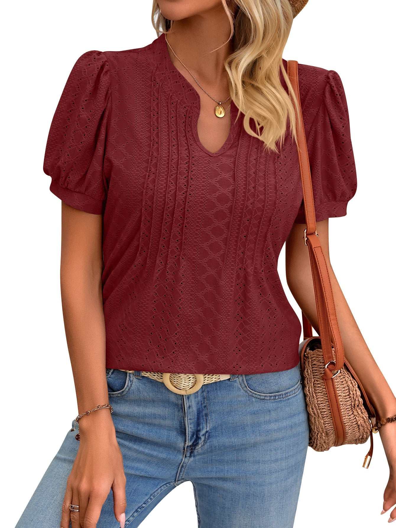 Solid Color V - neck Puff Short - sleeved T-shirt Fashion Summer Striped Hollow Design Loose T-shirt For Womens Clothing - AMIR BAGS INDIA PRIVATE LIMITED