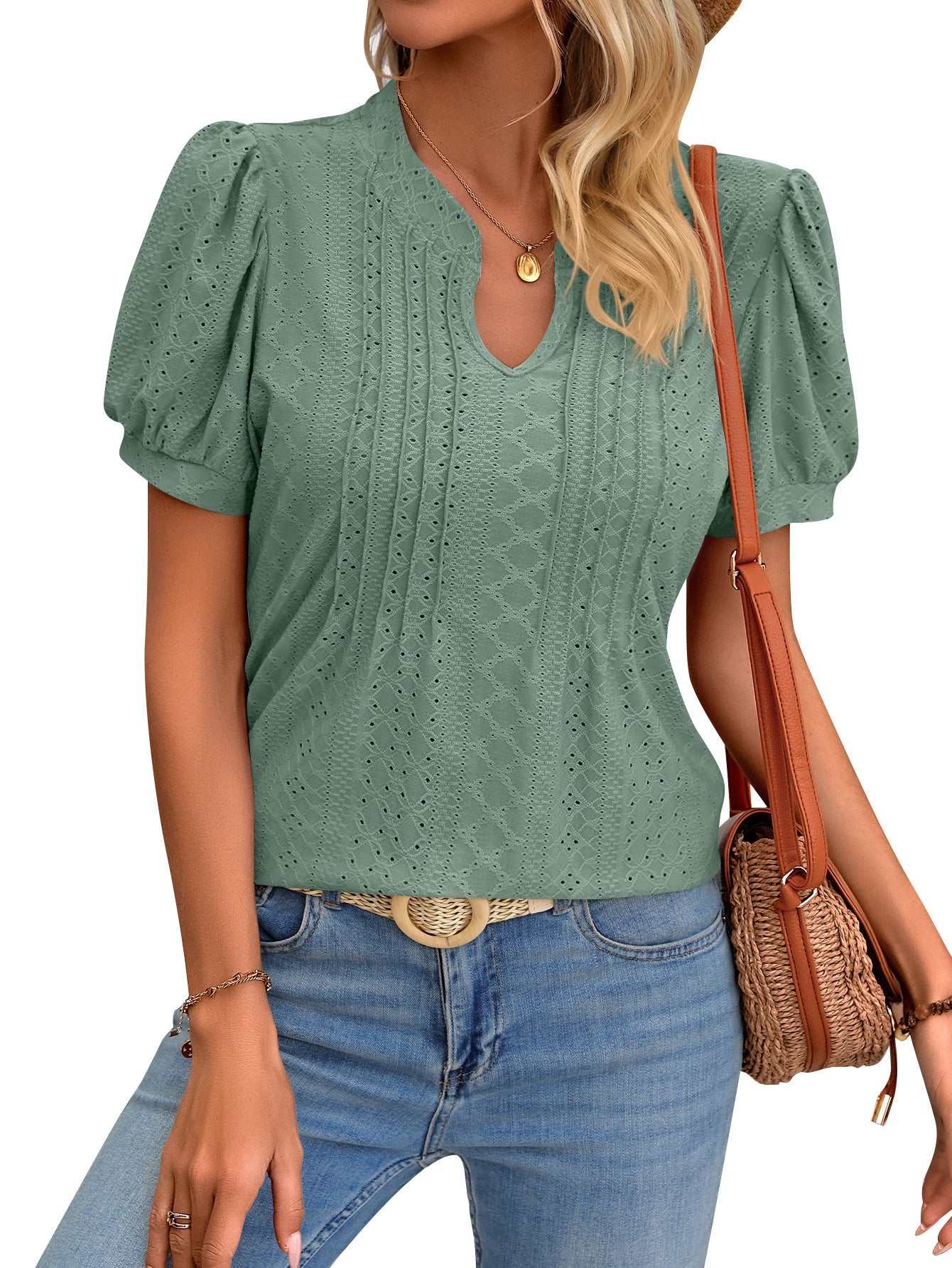 Solid Color V - neck Puff Short - sleeved T-shirt Fashion Summer Striped Hollow Design Loose T-shirt For Womens Clothing - AMIR BAGS INDIA PRIVATE LIMITED