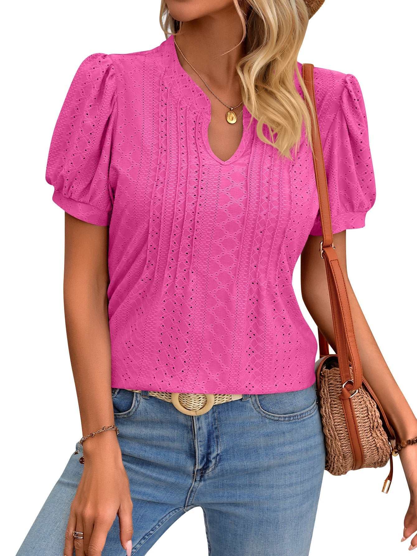Solid Color V - neck Puff Short - sleeved T-shirt Fashion Summer Striped Hollow Design Loose T-shirt For Womens Clothing - AMIR BAGS INDIA PRIVATE LIMITED
