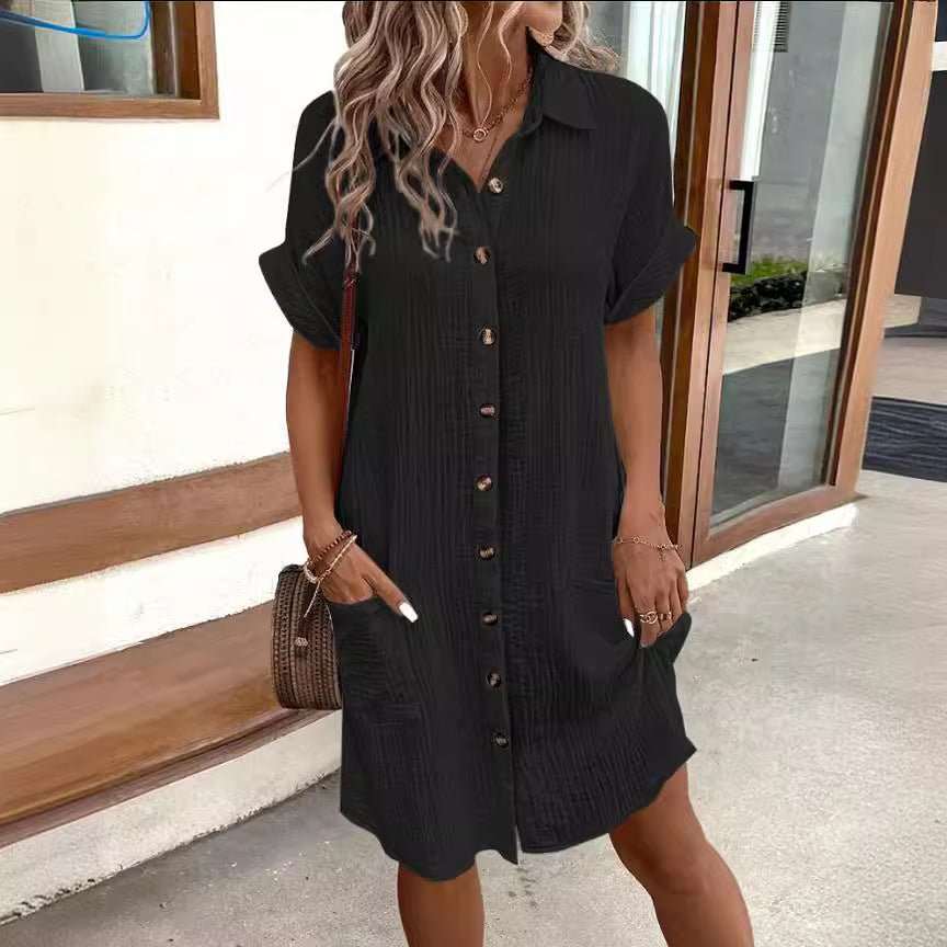 Summer Short Sleeve Shirt Dress Fashion Solid Color Single - breasted Mid - length Loose Dress - AMIR BAGS INDIA PRIVATE LIMITED
