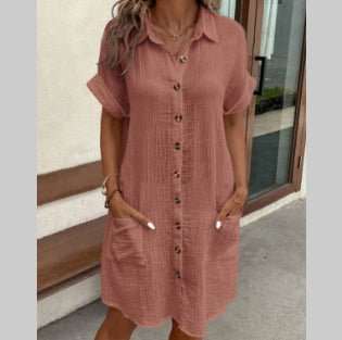 Summer Short Sleeve Shirt Dress Fashion Solid Color Single - breasted Mid - length Loose Dress - AMIR BAGS INDIA PRIVATE LIMITED