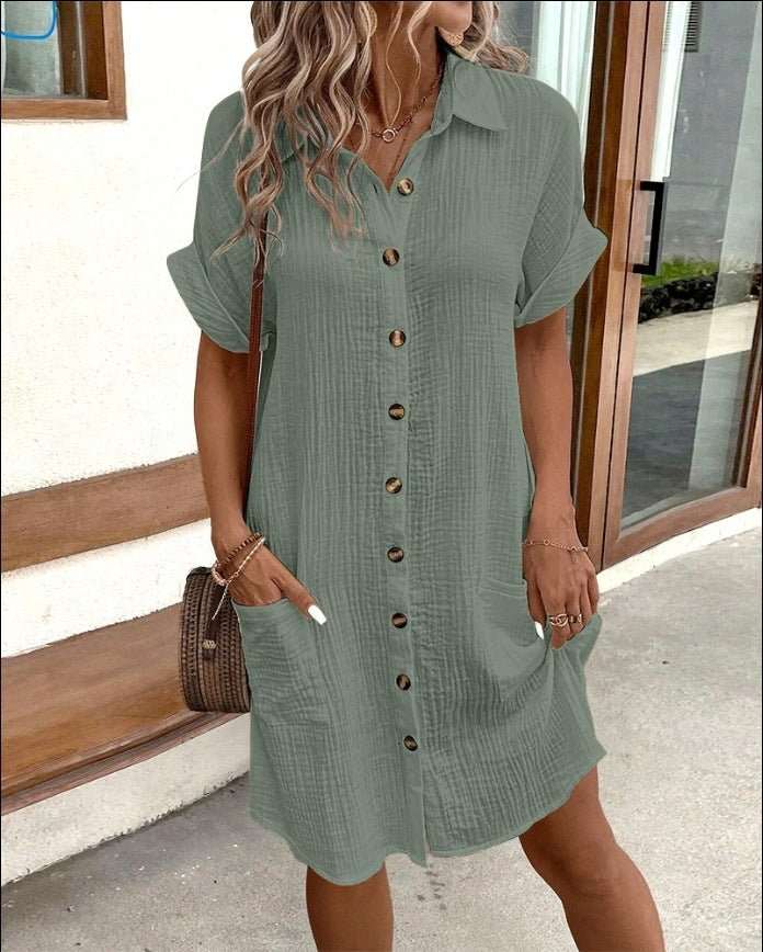 Summer Short Sleeve Shirt Dress Fashion Solid Color Single - breasted Mid - length Loose Dress - AMIR BAGS INDIA PRIVATE LIMITED