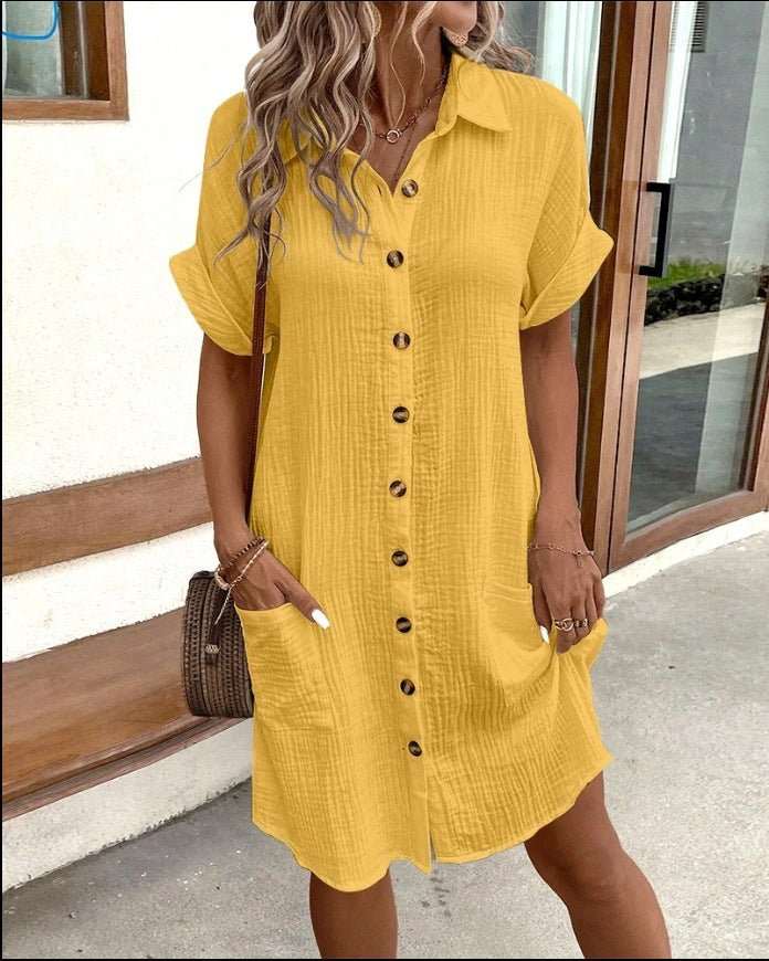 Summer Short Sleeve Shirt Dress Fashion Solid Color Single - breasted Mid - length Loose Dress - AMIR BAGS INDIA PRIVATE LIMITED