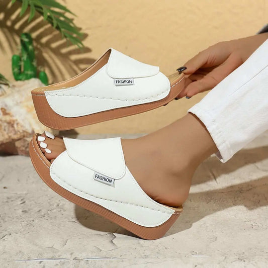 Summer Wedge Slides Slippers Fashion Fish Mouth Thick Bottom Roman Shoes Solid Color Beach Sandals For Women - AMIR BAGS INDIA PRIVATE LIMITED