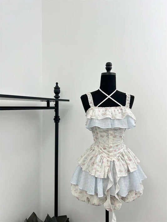 Summer Women Korean Vintage Ballet Core 2000S Party Rave Y2K Outfits 2 Piece Set Mori Girl Floral Fairy Dress + Cute Mini Shorts - AMIR BAGS INDIA PRIVATE LIMITED