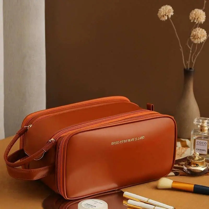 Three - layer Double Zipper U - shaped Design Cosmetic Bag Fashion High Capacity Make Up Bags Portable Pu Leather Storage Bag For Skin Care Products - AMIR BAGS INDIA PRIVATE LIMITED