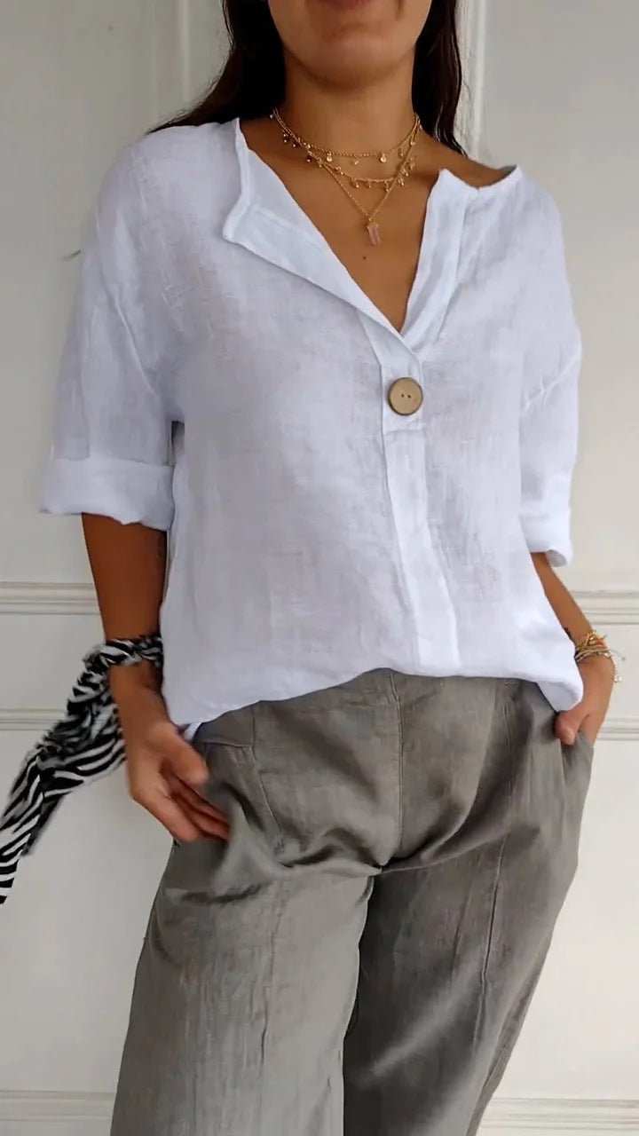 V - neck Long - sleeved T-shirt Fashion Loose Cotton And Linen Button Tops For Women - AMIR BAGS INDIA PRIVATE LIMITED