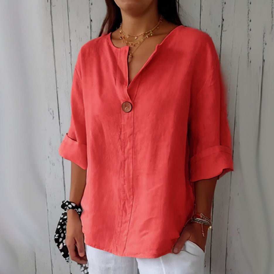 V - neck Long - sleeved T-shirt Fashion Loose Cotton And Linen Button Tops For Women - AMIR BAGS INDIA PRIVATE LIMITED