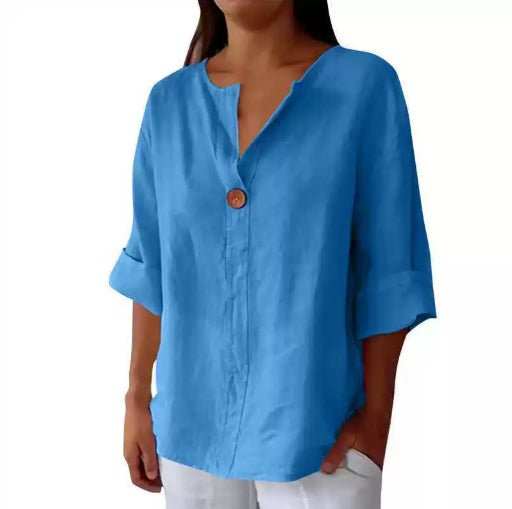 V - neck Long - sleeved T-shirt Fashion Loose Cotton And Linen Button Tops For Women - AMIR BAGS INDIA PRIVATE LIMITED