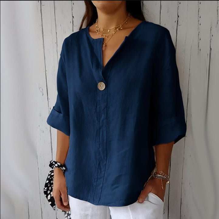 V - neck Long - sleeved T-shirt Fashion Loose Cotton And Linen Button Tops For Women - AMIR BAGS INDIA PRIVATE LIMITED