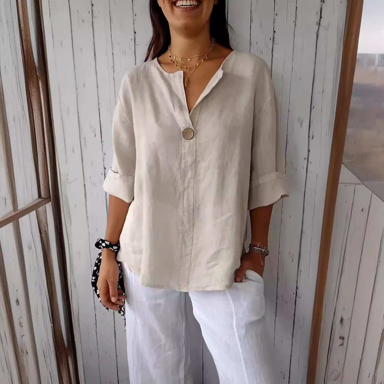 V - neck Long - sleeved T-shirt Fashion Loose Cotton And Linen Button Tops For Women - AMIR BAGS INDIA PRIVATE LIMITED