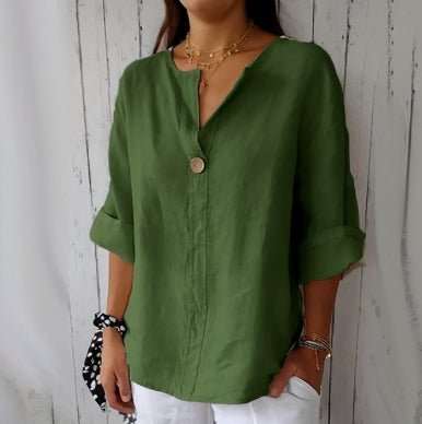 V - neck Long - sleeved T-shirt Fashion Loose Cotton And Linen Button Tops For Women - AMIR BAGS INDIA PRIVATE LIMITED
