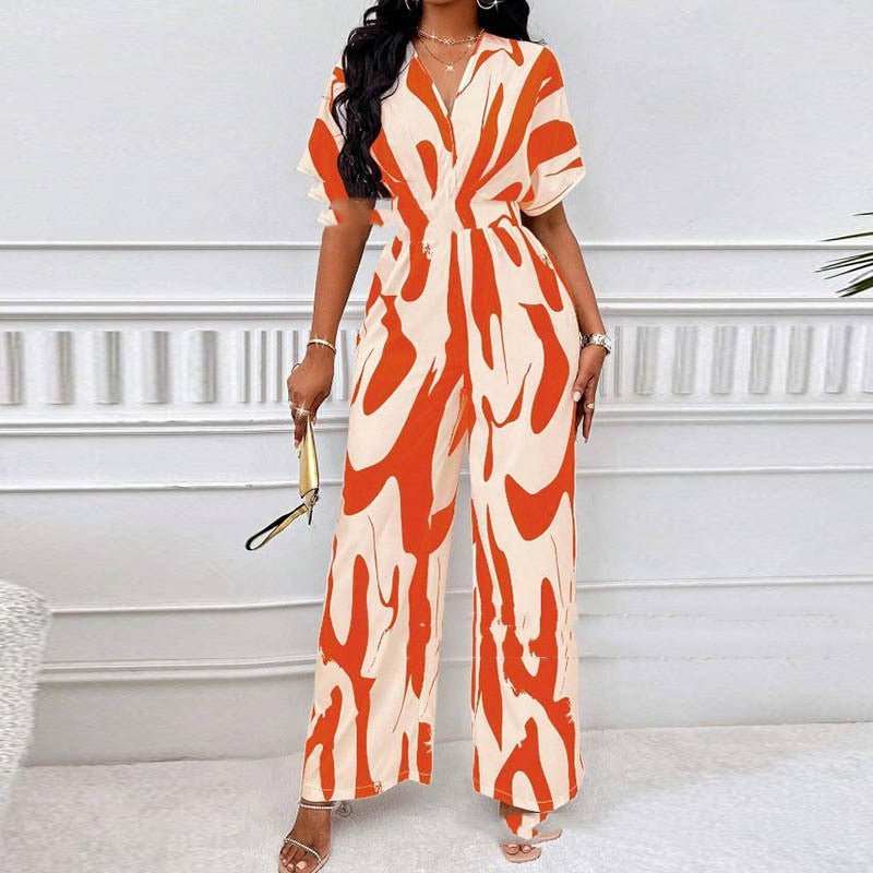 V - neck Loose Printed Long Jumpsuit - AMIR BAGS INDIA PRIVATE LIMITED