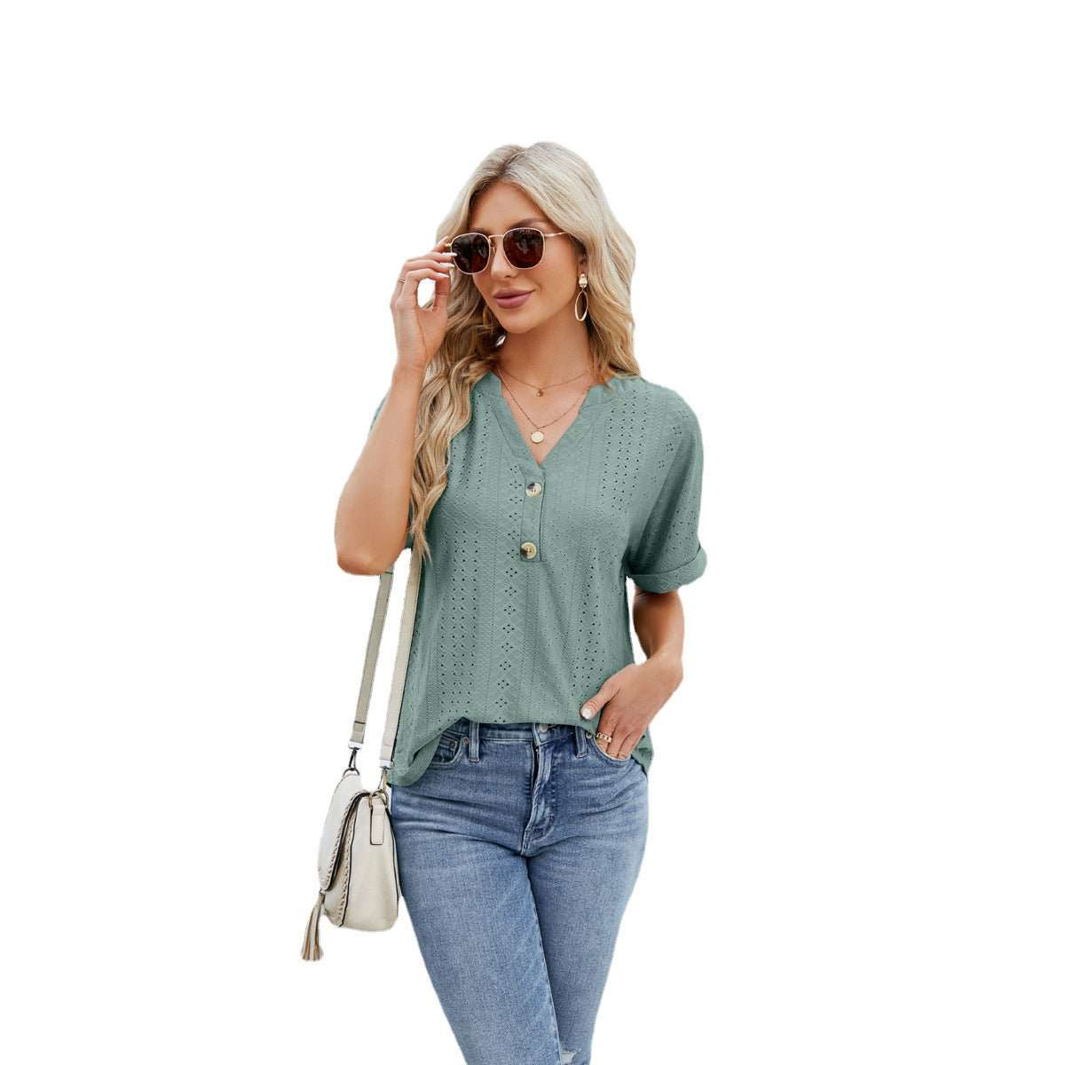 V - neck Rolled Hem Short - sleeved Top Summer Fashion Button Hollow Design Loose Casual T-shirt Womens Clothing - AMIR BAGS INDIA PRIVATE LIMITED