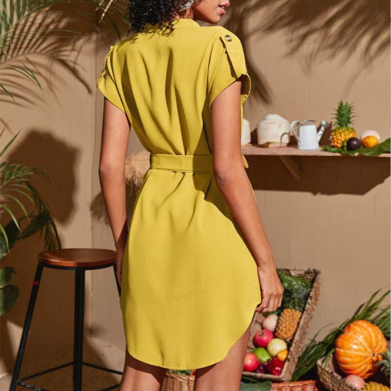 V - neck Short Sleeve Dress With Belt Summer Fashion Bowknot Dresses For Women Clothing - AMIR BAGS INDIA PRIVATE LIMITED