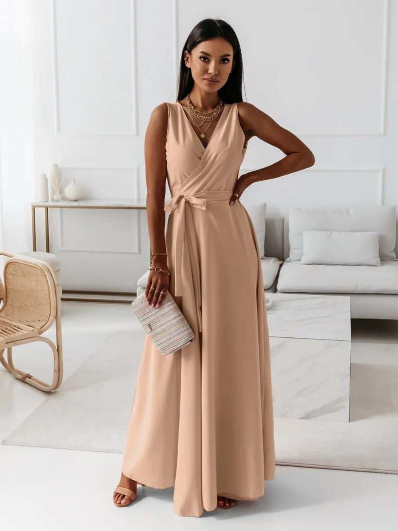 V - neck Sleeveless Dress With Belt Summer Fashion Party Club Evening Maxi Dresses For Women Clothing - AMIR BAGS INDIA PRIVATE LIMITED