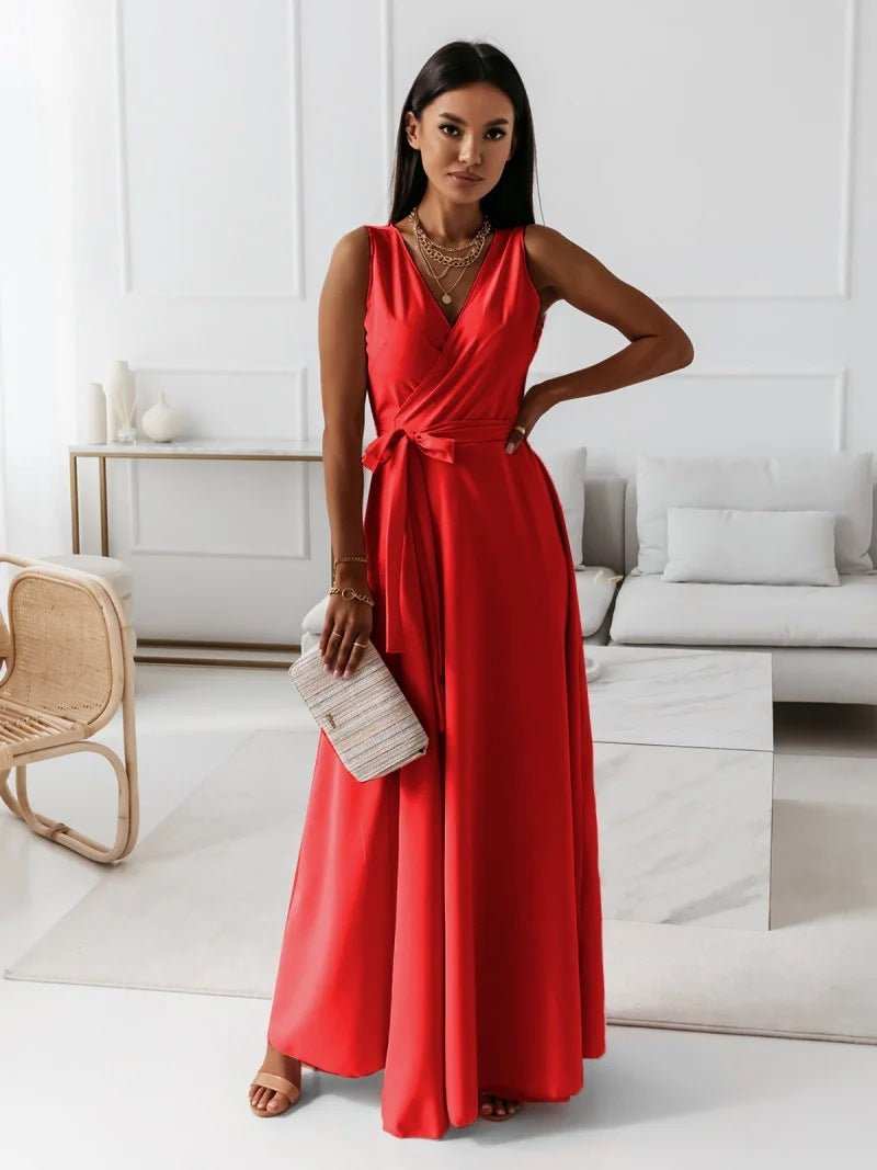 V - neck Sleeveless Dress With Belt Summer Fashion Party Club Evening Maxi Dresses For Women Clothing - AMIR BAGS INDIA PRIVATE LIMITED
