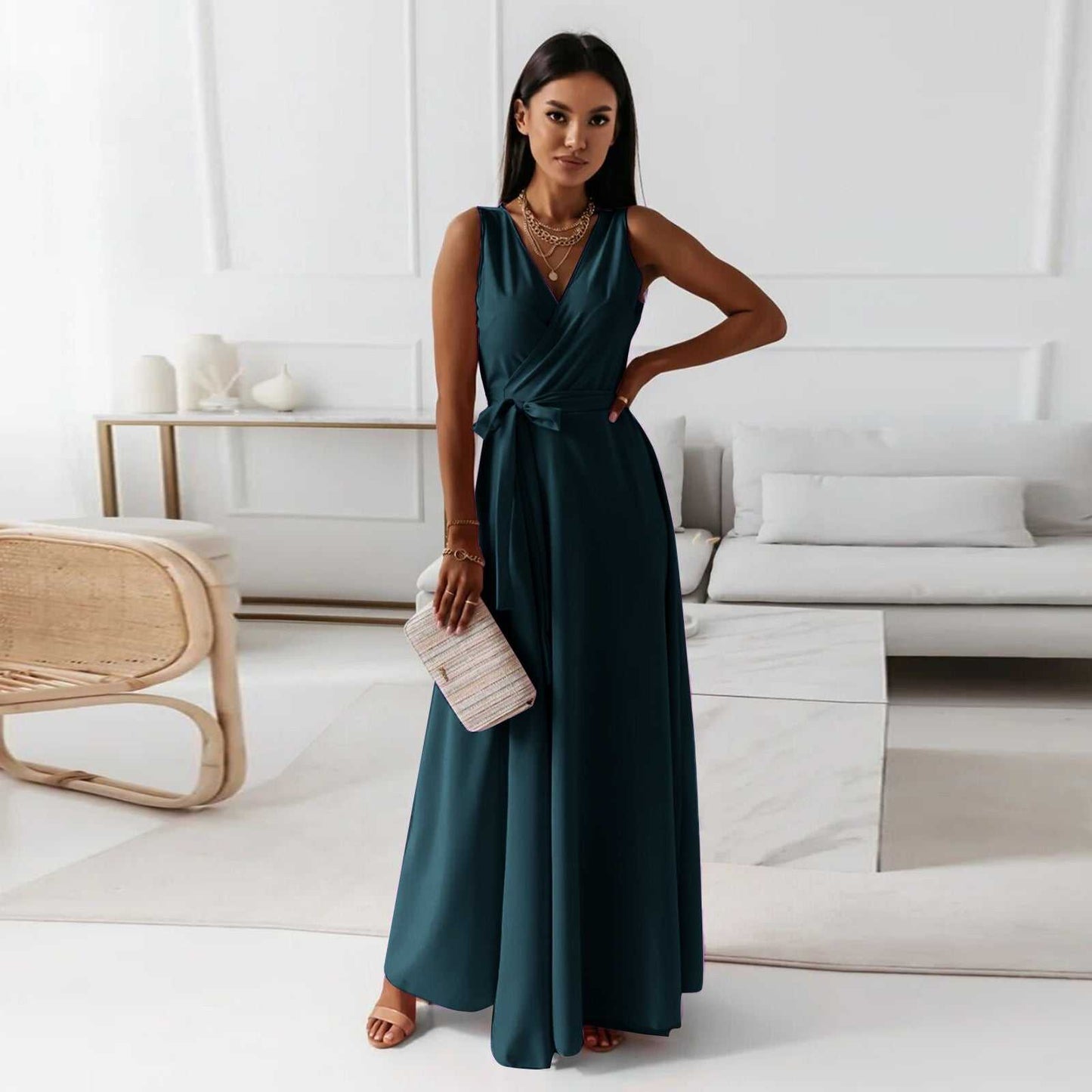 V - neck Sleeveless Dress With Belt Summer Fashion Party Club Evening Maxi Dresses For Women Clothing - AMIR BAGS INDIA PRIVATE LIMITED