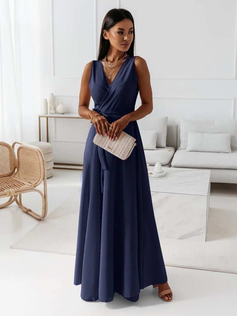 V - neck Sleeveless Dress With Belt Summer Fashion Party Club Evening Maxi Dresses For Women Clothing - AMIR BAGS INDIA PRIVATE LIMITED