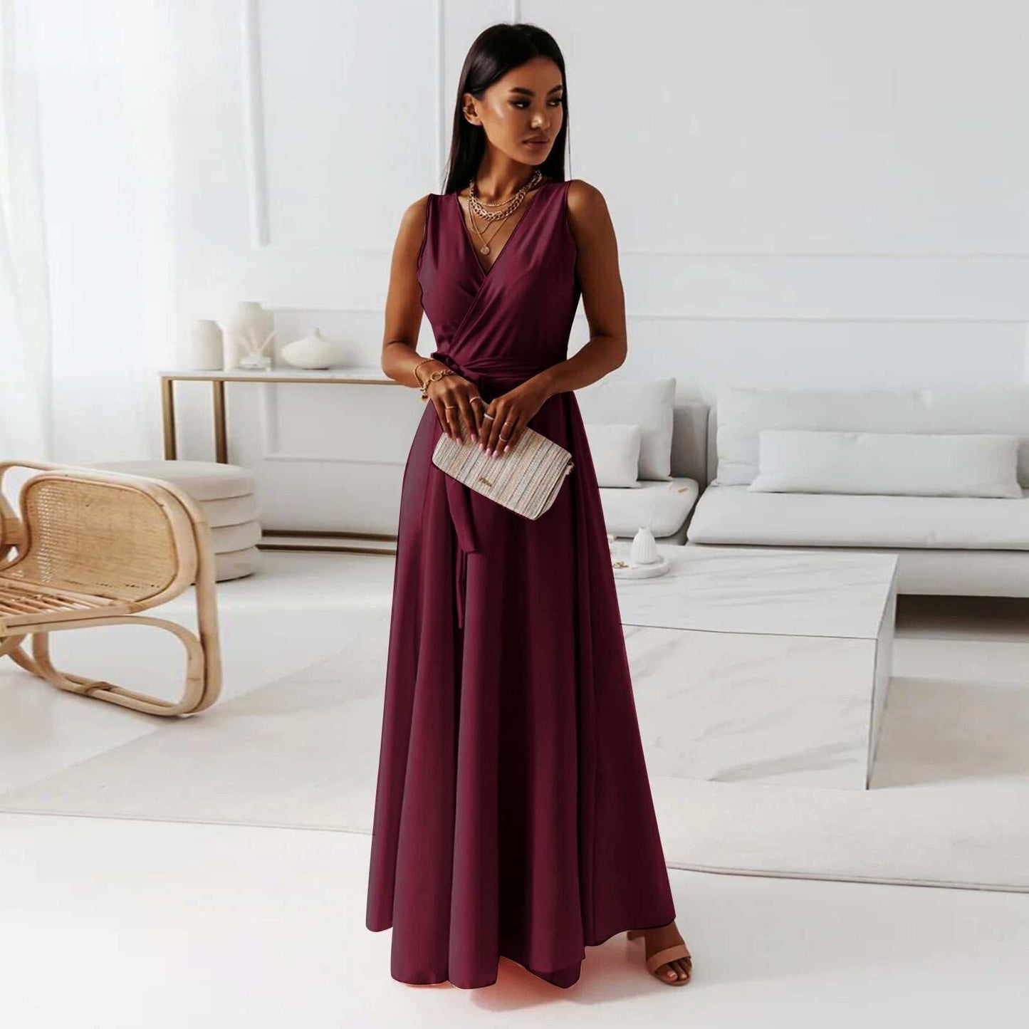 V - neck Sleeveless Dress With Belt Summer Fashion Party Club Evening Maxi Dresses For Women Clothing - AMIR BAGS INDIA PRIVATE LIMITED