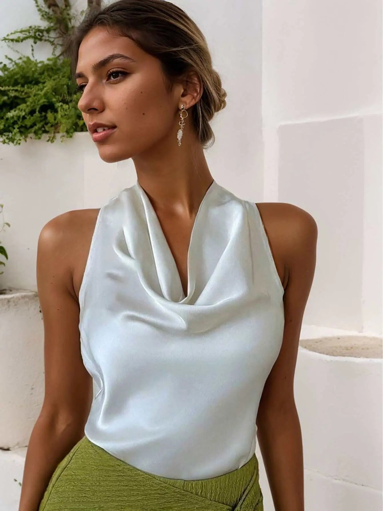 Women Solid Color Swing Collar Sleeveless Vest Trendy Elegant Shirt With Halter Neckline Backless Short Sleeve Tops Tshirts - AMIR BAGS INDIA PRIVATE LIMITED