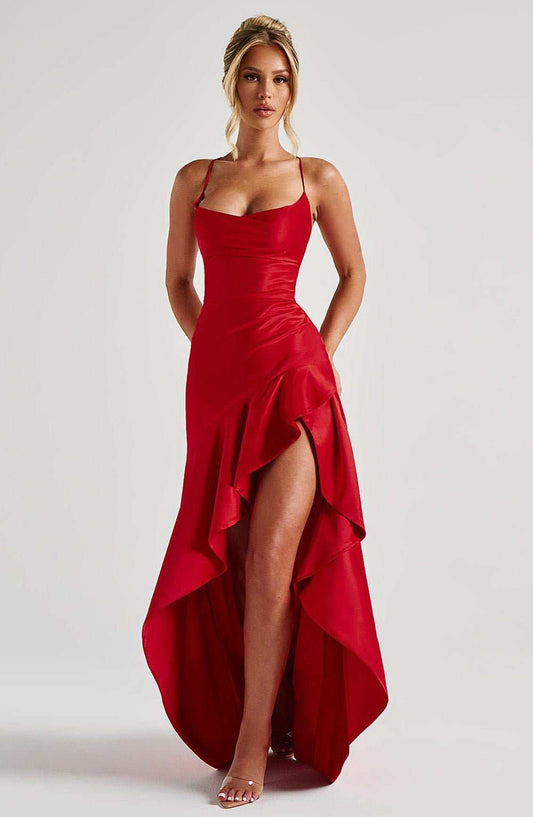 Women's Backless Ruffles Irregular Dress Summer Fashion Evening Party Club Split Suspender Maxi Dresses Clothing - AMIR BAGS INDIA PRIVATE LIMITED