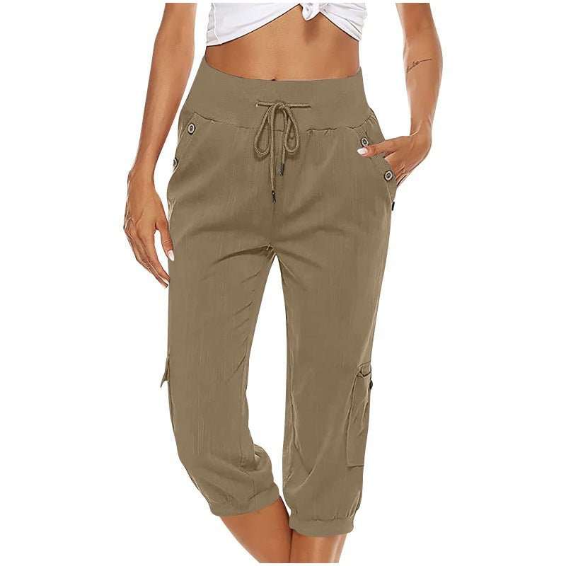 Women's Cropped Pants Cotton Linen Cargo Pocket Casual Pants - AMIR BAGS INDIA PRIVATE LIMITED