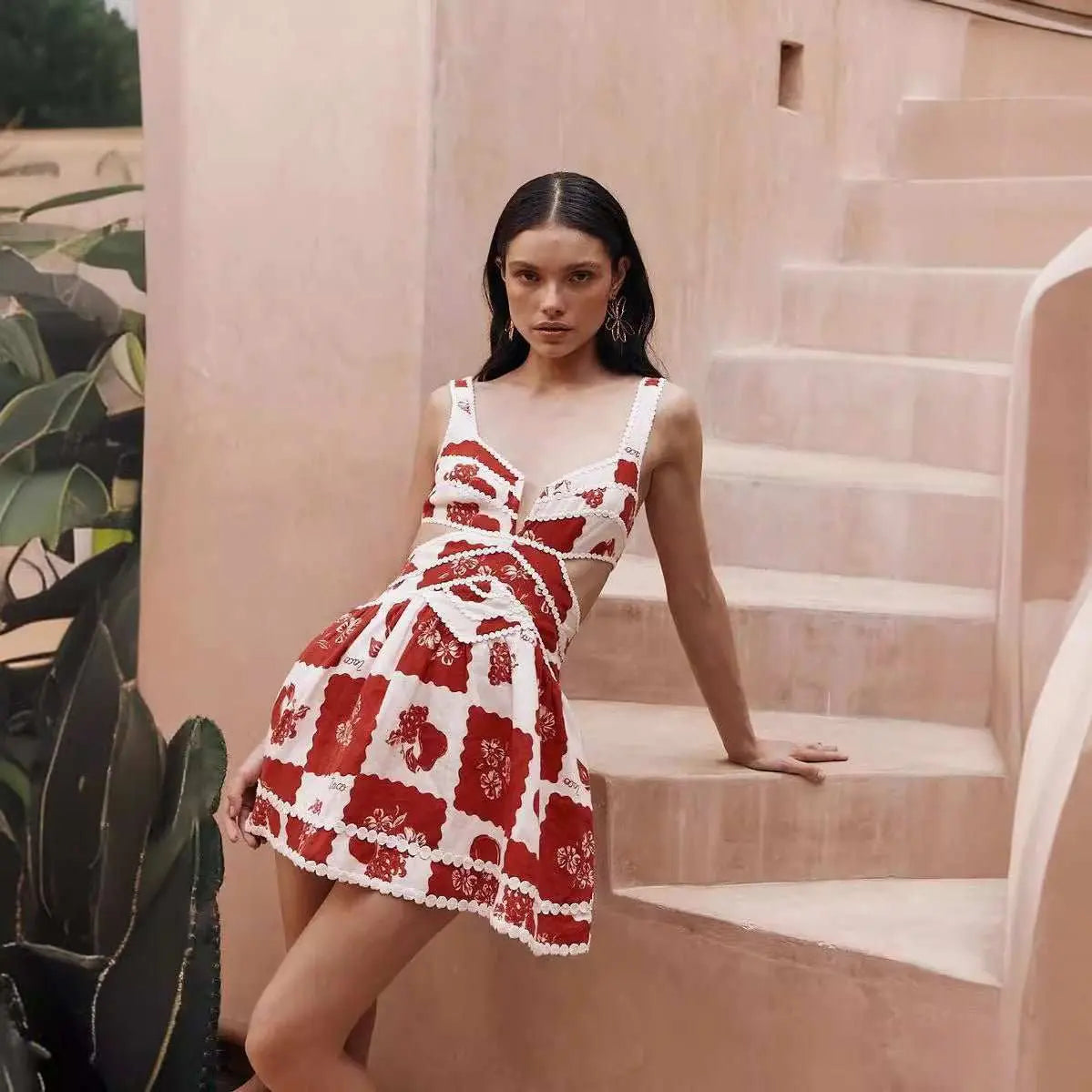 Women's Flower Print Lace Sling Dress Fashion V - neck Waist - baring Skirt Summer Clotjing - AMIR BAGS INDIA PRIVATE LIMITED