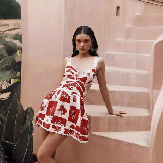 Women's Flower Print Lace Sling Dress Fashion V - neck Waist - baring Skirt Summer Clotjing - AMIR BAGS INDIA PRIVATE LIMITED