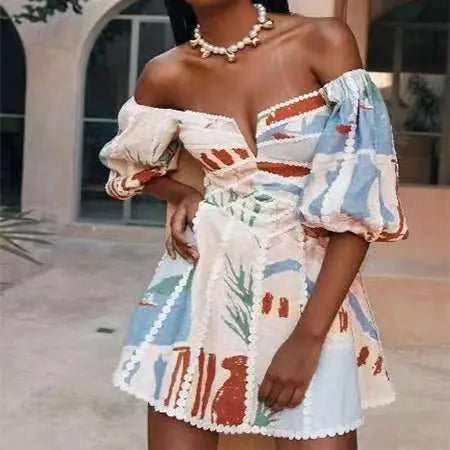 Women's Flower Print Lace Sling Dress Fashion V - neck Waist - baring Skirt Summer Clotjing - AMIR BAGS INDIA PRIVATE LIMITED