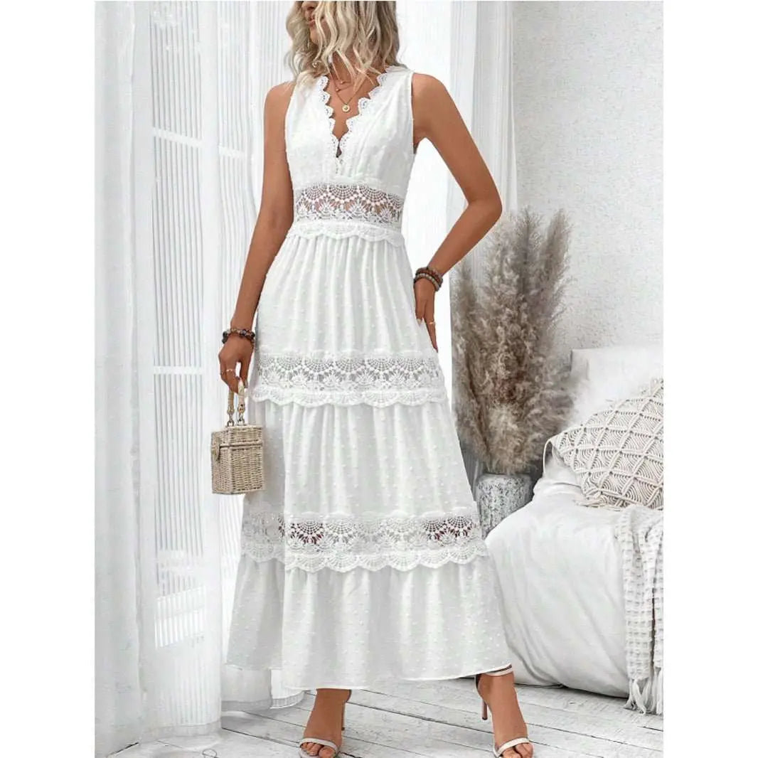 Women's Lace Stitching V - neck Sleeveless Dress - AMIR BAGS INDIA PRIVATE LIMITED