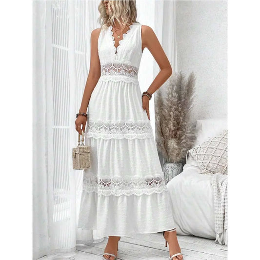 Women's Lace Stitching V - neck Sleeveless Dress - AMIR BAGS INDIA PRIVATE LIMITED